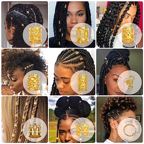 Lucomb 220 Pcs Gold Hair Jewelry for Braids, Loc Jewelry for Hair Dreadlock, Hair Charms for Women, Metal Gold Braids Rings Cuffs Clips for Dreadlock Accessories Hair Braids Jewelry Decorations