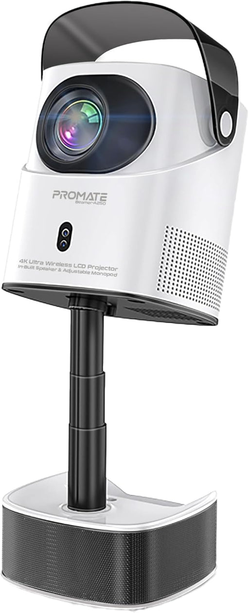 Promate 4K Ultra HD Projector with LCD Technology, 250 ANSI Brightness, Height-Adjustable Telescopic Stand, Auto Keystone Correction, Built-In Speaker Beamer-A250 UK
