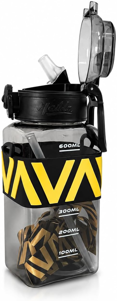 600ML Sports Water Bottle with Straw Lid, BPA Free Leakproof Water Bottle with Carry Strap for Kids, Teens and Adults, Ideal for School and Travel (Black) - Black