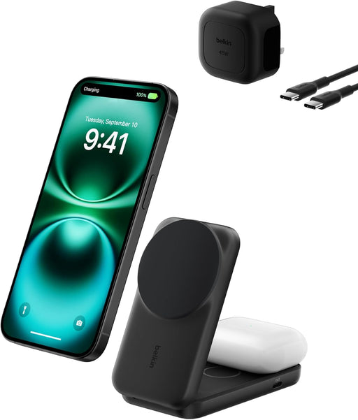Belkin UltraCharge 2-in-1 Wireless Charger 25W, Qi2.2 Certified MagSafe Compatible Charger, Charging Station for iPhone 17, Air, AirPods, Pixelsnap, Magnetic Stand with USB-C Port, 45W Adapter - Black - Black Square Form