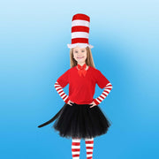 KASTWAVE Cat Costume Set, 6 Pcs Cosplay Costume, Include Red and White Striped Top Hat, Oversized Bow Tie with Fur, Tutu Skirt, Gloves, Socks and Tail, Dress Up for World Book Day, Halloween, Party