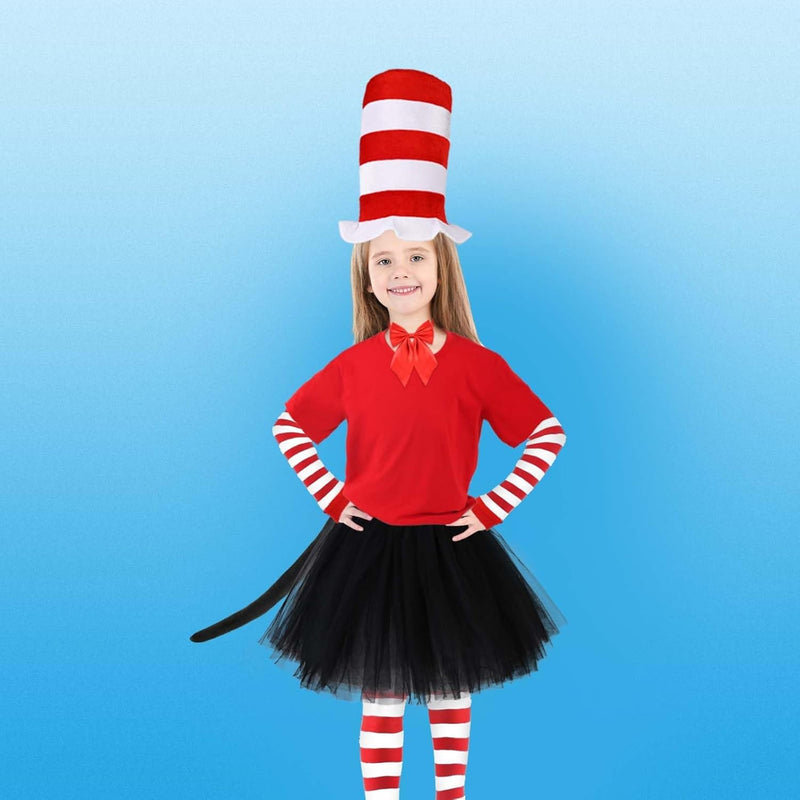 KASTWAVE Cat Costume Set, 6 Pcs Cosplay Costume, Include Red and White Striped Top Hat, Oversized Bow Tie with Fur, Tutu Skirt, Gloves, Socks and Tail, Dress Up for World Book Day, Halloween, Party