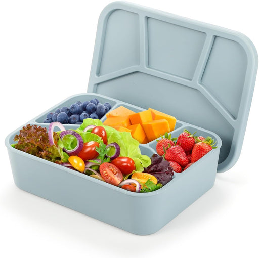 PINKE Silicone Bento Box, 4 Compartment LeakProof Lunch Box Snack Boxes, 42 Oz Unbreakable Food-Grade Divided Storage Container for Adult Kid, BPA Free, Oven Dishwasher Freezer Safe (Brick-Red) - Grayish Blue