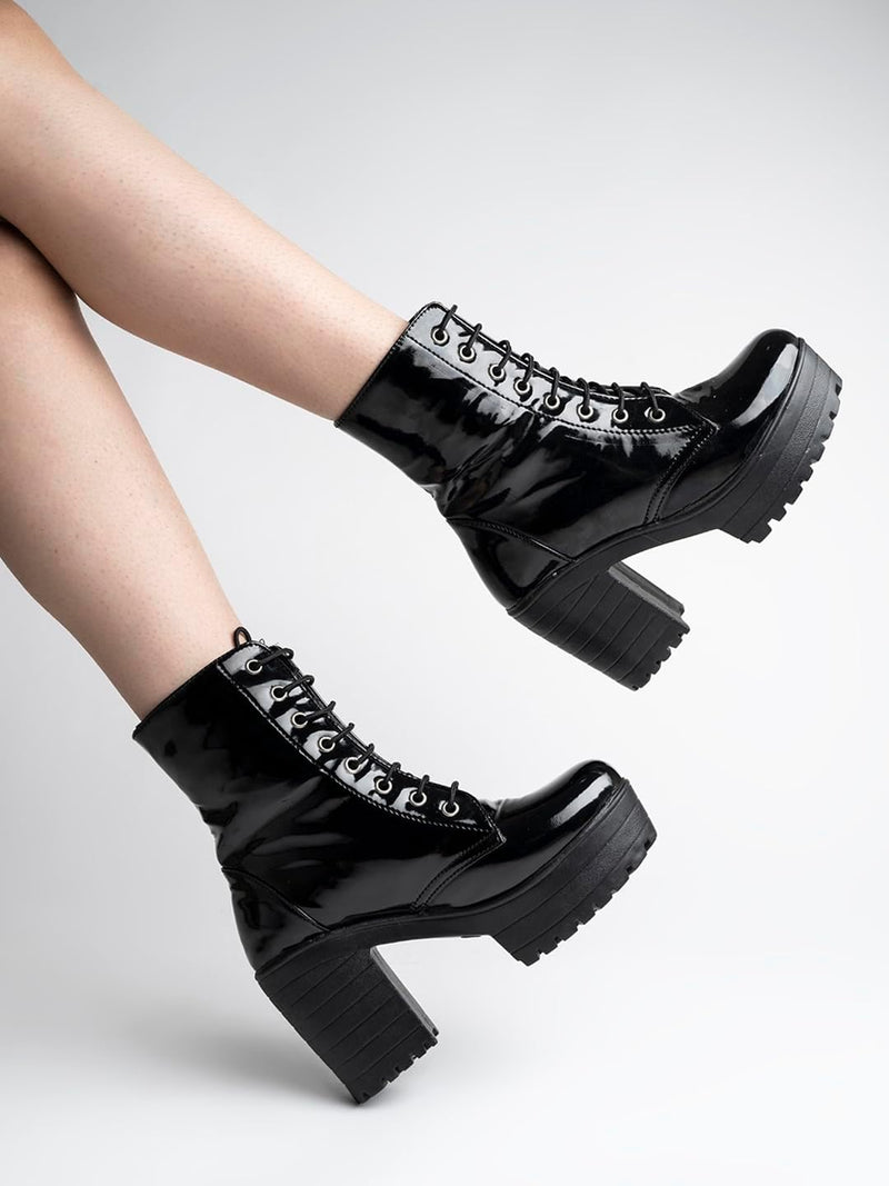 Women & Girls Lace Up Block Heeled Western Boots/Boot-07/Black/UK6-EU39