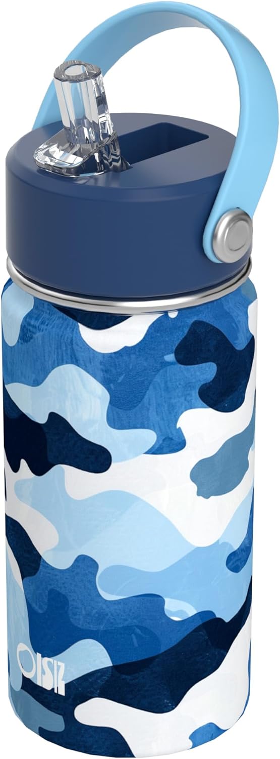 14oz Kids Water Bottle with Straw Lid, Vacuum Insulated 316 Stainless Steel Bottles for Kids for School, Leakproof, Easy to Clean - Navy Camouflage