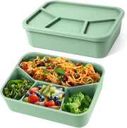 PINKE Silicone Bento Box, 4 Compartment LeakProof Lunch Box Snack Boxes, 42 Oz Unbreakable Food-Grade Divided Storage Container for Adult Kid, BPA Free, Oven Dishwasher Freezer Safe (Brick-Red) - Olive Green