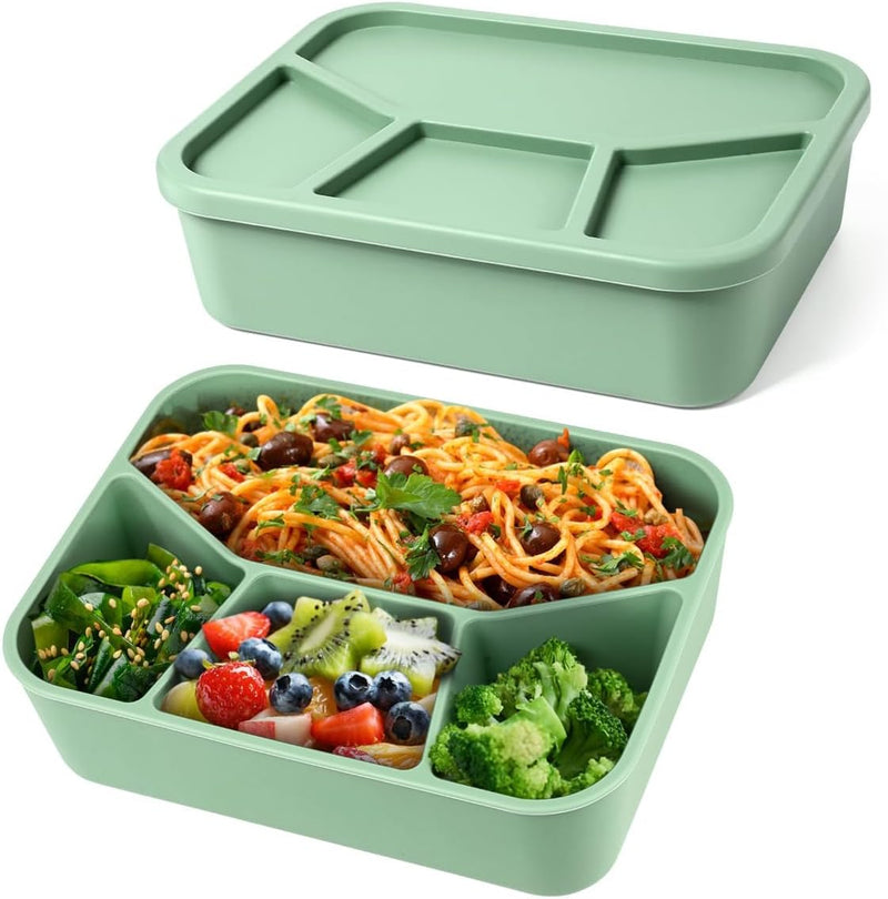 PINKE Silicone Bento Box, 4 Compartment LeakProof Lunch Box Snack Boxes, 42 Oz Unbreakable Food-Grade Divided Storage Container for Adult Kid, BPA Free, Oven Dishwasher Freezer Safe (Brick-Red) - Olive Green