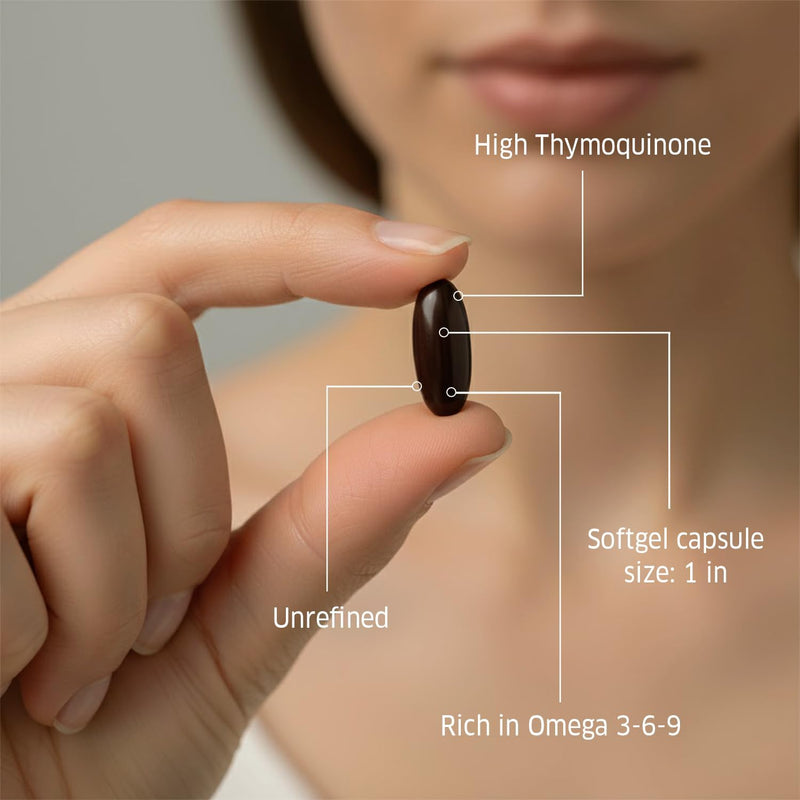 Black Seed Oil Capsules, 90 Days Supply, 2% Thymoquinone, Non-GMO, Gluten Free, Cold Pressed Black Cumin Pills, Nigella Sativa Supports Immune System, Joints, Hair Growth, Skin