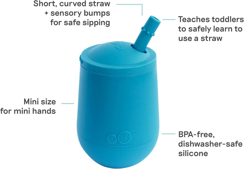 ezpz Mini Cup + Straw Training System - 9 Months+ (Blue) - 100% Silicone Training Cup for Infants + Toddlers - Designed by a Pediatric Feeding Specialist