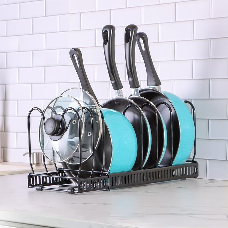 SKY-TOUCH Pot and Pan Organizers Rack : Expandable Pot Lid Organizer Holder with 10 Adjustable Compartment Cookware Plate Rack for Kitchen Cabinet Black - red 10 compartments