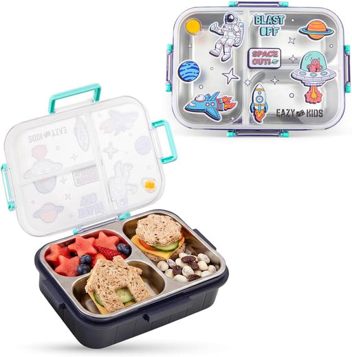 Eazy Kids 3 Compartment Stainless Steel bento Lunch Box - Space out 800ml - Blue