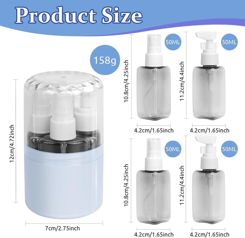 4 in 1 Travel Bottles for Toiletries, 50ml Spray Bottle & Lotion Bottle Kit, Portable