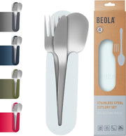 Stainless Steel Cutlery Set with Silicone Case, Travel Utensils with Pouch, Reusable Fork Spoon and Knife, Cutlery for Lunch Box Kids School, Camping Outdoor, Set of 4pcs (Sand Dune) - Ice Blue