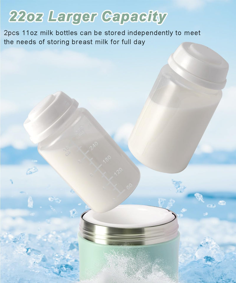 22oz Portable Breast Milk Cooler for Outdoor, Life Saver with 360 Total Cooling Gel Ice Pack for 24 Hours, Baby Travel Breastfeeding Essential Chiller with 2pcs Bottles for Breastmilk Storage, Green