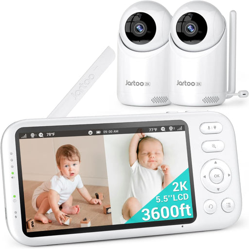 Jartoo 2K Video Baby Monitor with 2 Cameras and Audio, 1860ft Long Range Baby Monitor No WiFi, 5.5" Split Display, VOX - AI Cry Detect, ANR, IR Night Vision, 2-Way Audio, 6000mAh
