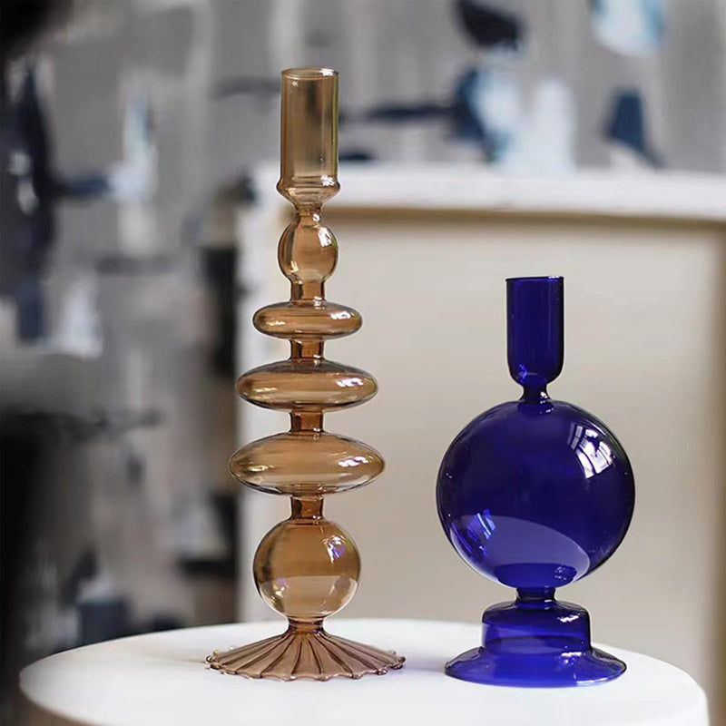 LKPOMI Glass Candlestick Holders - Colorful Glass Taper Candle Stand - Modern Elegant Candle Sticks - Pink