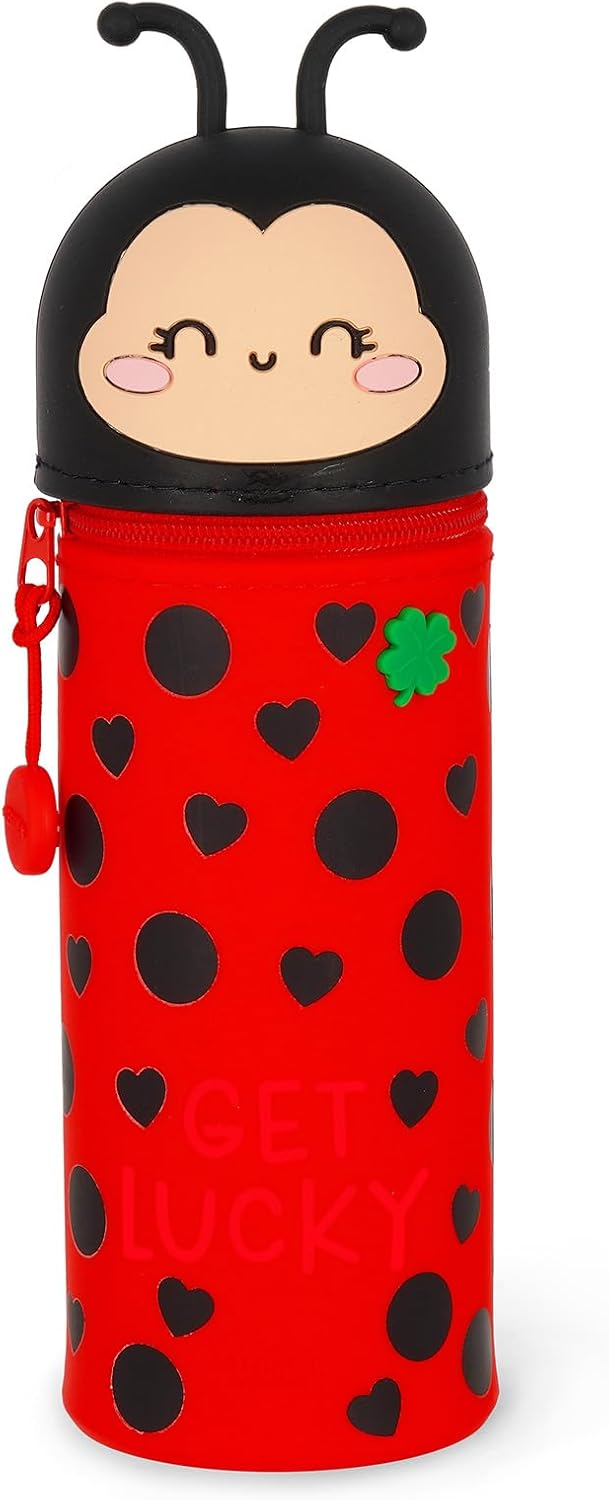 Legami - Kawaii School Pencil Case 2 in 1 Soft Silicone, Ladybug Theme, Table Pen Holder, Zipper Closure, Pastel Pens Marker, H 21.5 cm