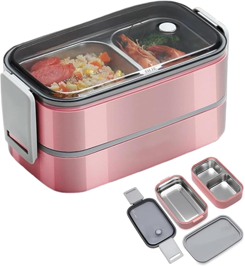 Bento Lunch Box For Kids Adult,Stainless Steel tiffin box with Spoon Chopsticks,Insulated Bento Box,LUnch BoX Containers with 2 tier 3 Compartments,for Work School Travel - Pink