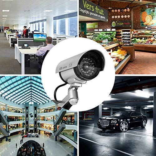 XBW Fake Security Silver Camera, Dummy CCTV Surveillance System with Realistic Red Flashing Lights and Warning Sticker 2 Pack