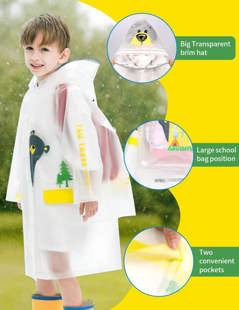 Kids Rain Poncho, Children's raincoats, Kids Raincoat Girls Boys Reusable Rain Poncho Jacket, Waterproof Jacket with Hood Toddler Rainwear Rain Coat (Bear M)