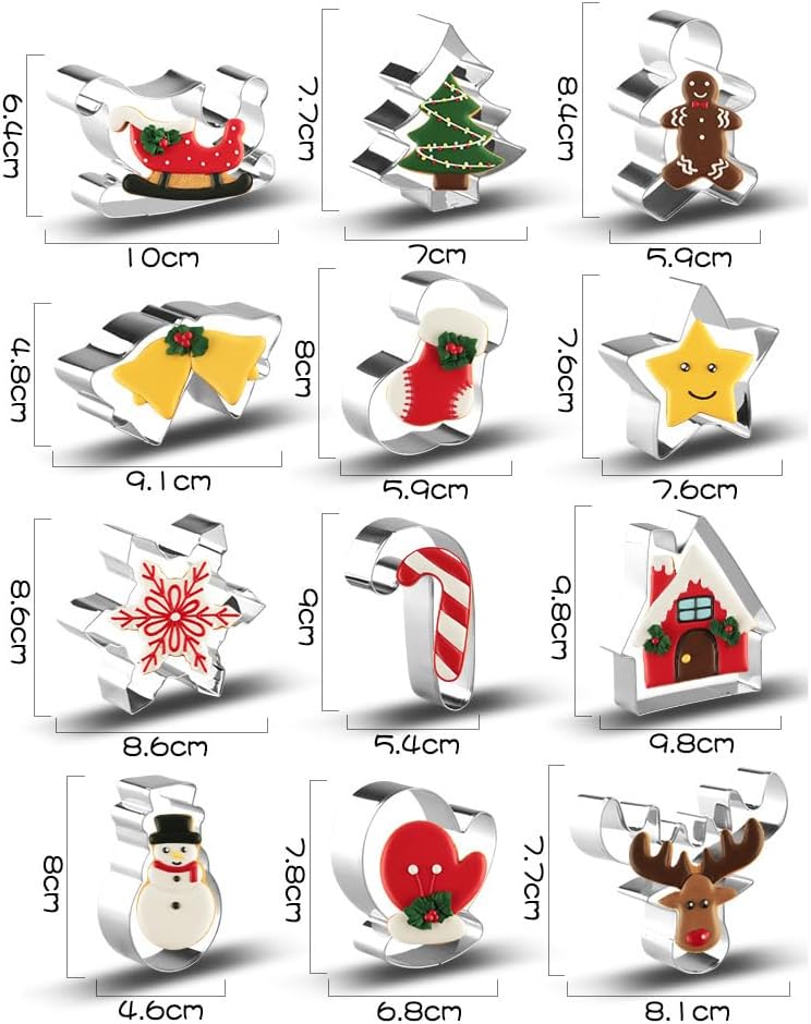 Christmas Cookie Cutters 12PCS Stainless Steel Baking Mould, Snow Man,Christmas Tree, Reindeer shaped Merry Christmas Party Supplies Decorations Cookie Moulds