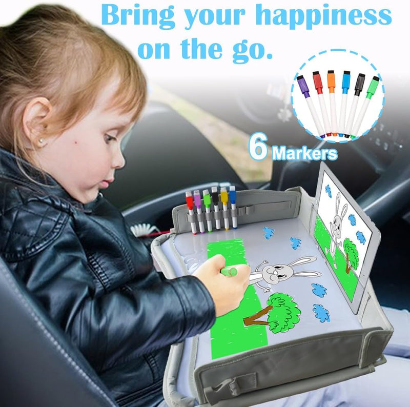 TINY SPARK Kids Travel Tray for Toddlers Car Seat with 6 Markers,Lap Desk Tray with Dry Erase Board for Kids Travel and Flight,Desk Essential Accessories Drawing,Toys,Snacks(Gray)