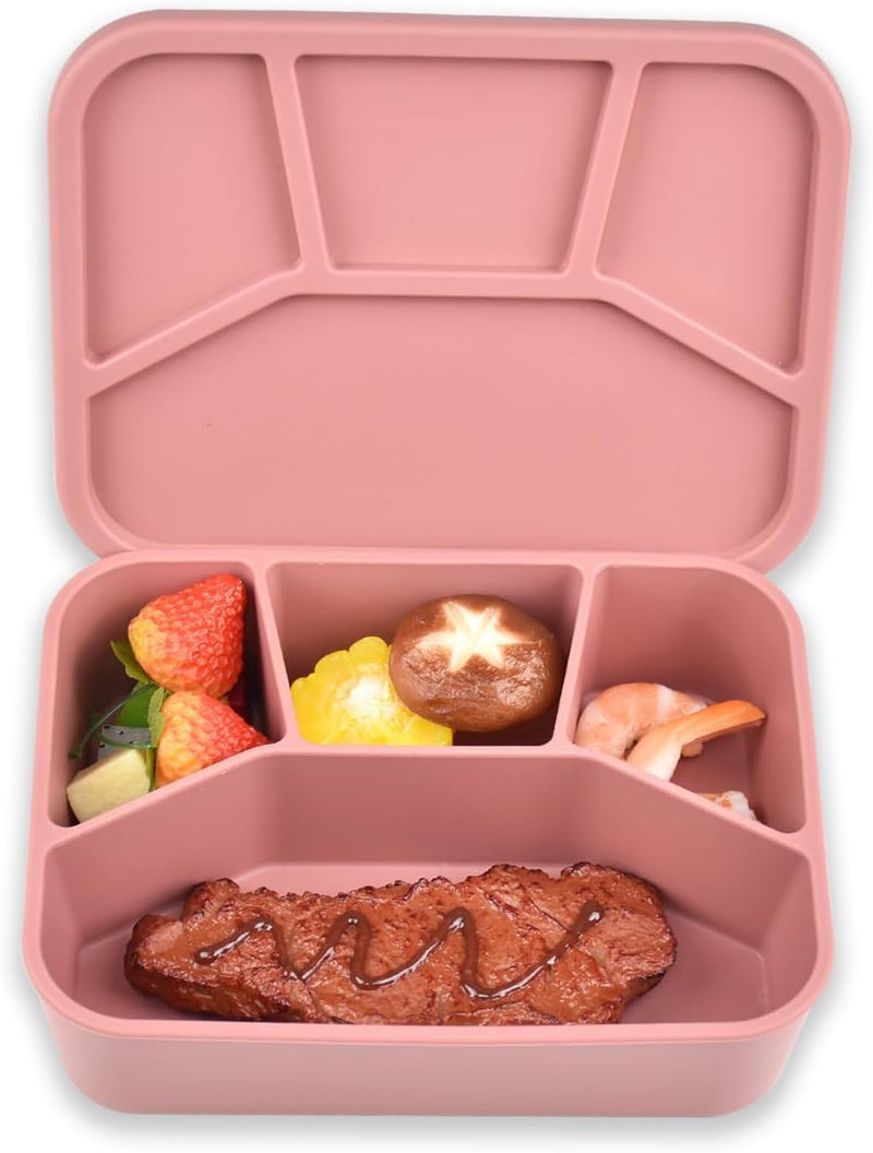 PINKE Silicone Bento Box, 4 Compartment LeakProof Lunch Box Snack Boxes, 42 Oz Unbreakable Food-Grade Divided Storage Container for Adult Kid, BPA Free, Oven Dishwasher Freezer Safe (Brick-Red) - Brick-Red