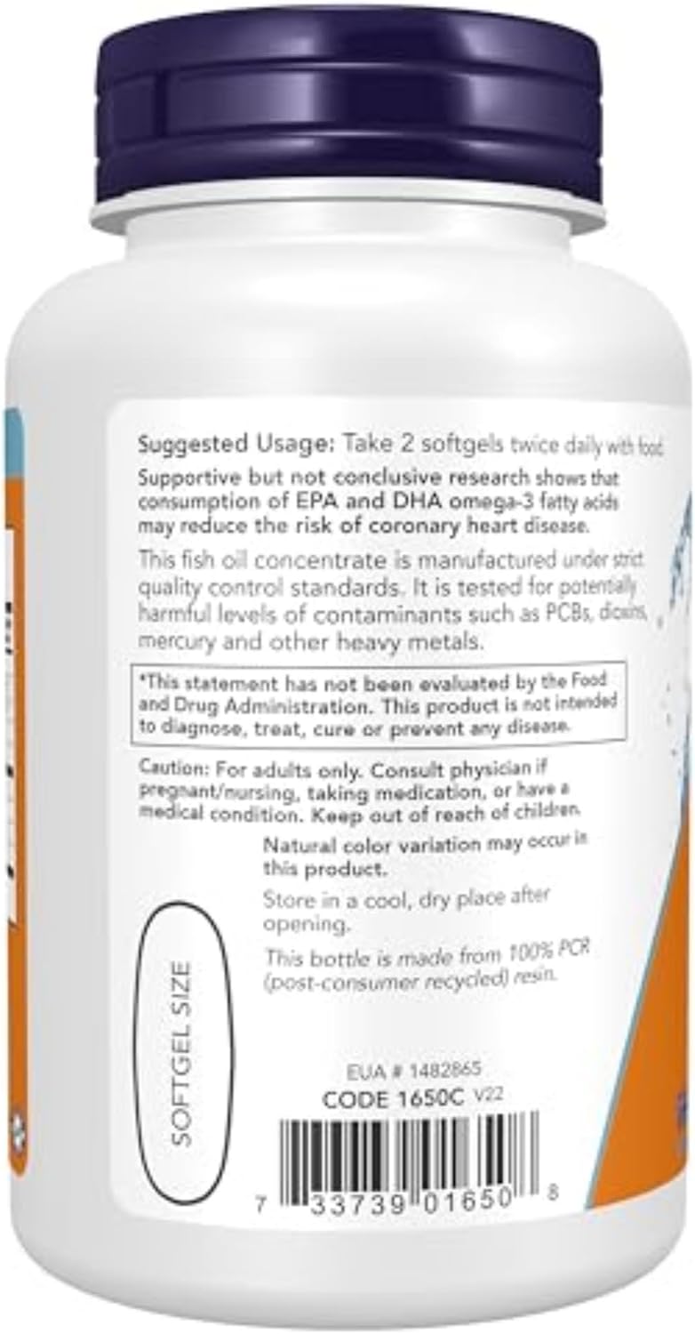 Now Foods Omega-3 1000mg Fish Oil Molecularly Distilled with 180 EPA & 120 DHA for Cardiovascular Support & Heart Health 100 Softgels