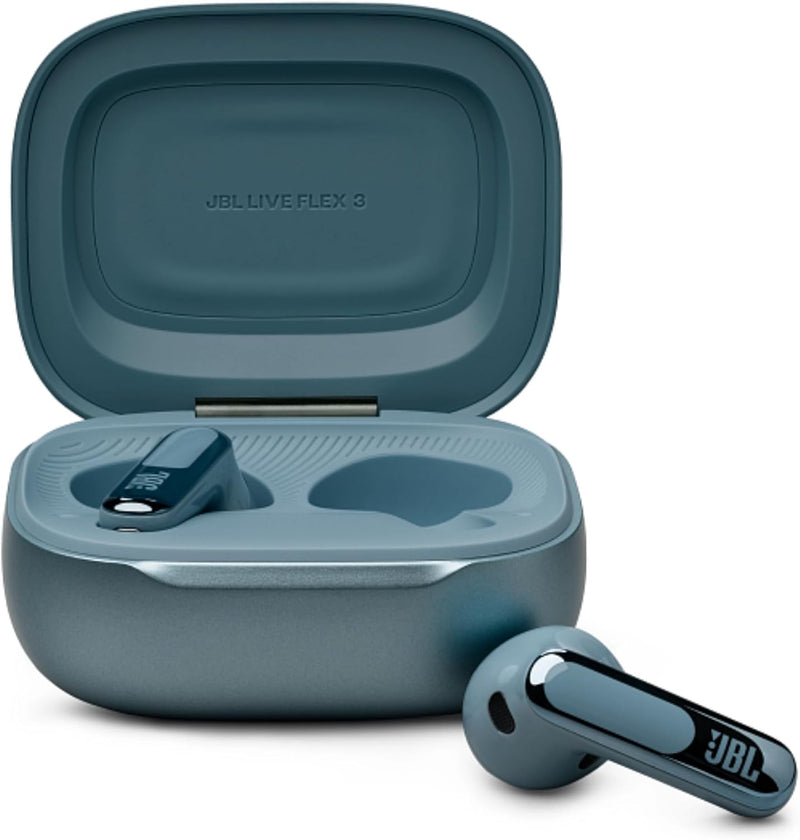 JBL LIVE FLEX 3 True wireless noise-cancelling earbuds with open-stick design and 50 hours total playback plus wireless charging, Blue