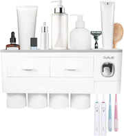 SKY-TOUCH 2 Cups Wall Mounted Toothbrush Holder, Multifunctional Space-Saving Toothbrush and Toothpaste Holder with Drawer for Cosmetics Organizer for Washroom and Bathroom - 4cups toothbrush holder grey new