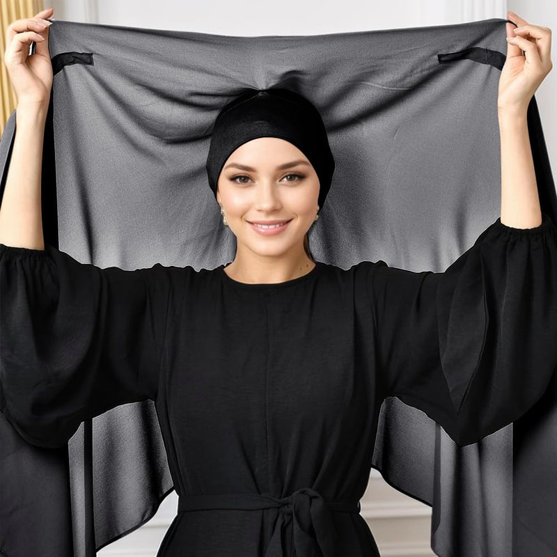 2Pcs Women Instant Chiffon Hijab with Built-in-Magnet and Sewn Undercap Head Wrap Under Scarf Caps