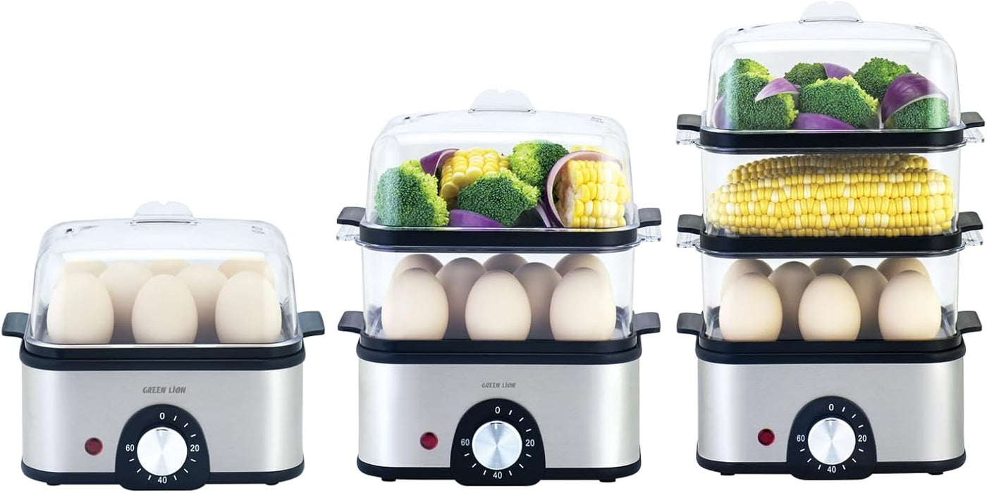 Green Lion 3-Tier Egg Cooker, Egg & Vegetable Steamer, 16 Eggs Capacity, 500mL Water Reservoir, 400-500W Power, 0-60min Timer, Stainless Steel Heating, Steam Vent Lid, Indicator Light - Gray