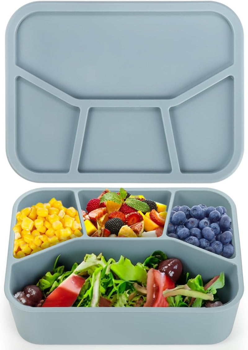 NimbusNote Silicone Bento Box, 4 Compartment Leakproof Lunch Box with Lid, 42 Oz Food-Grade Divided Meal Container for Adults & Kids, BPA-Free, Microwave Oven Freezer Dishwasher Safe (Gray Blue)