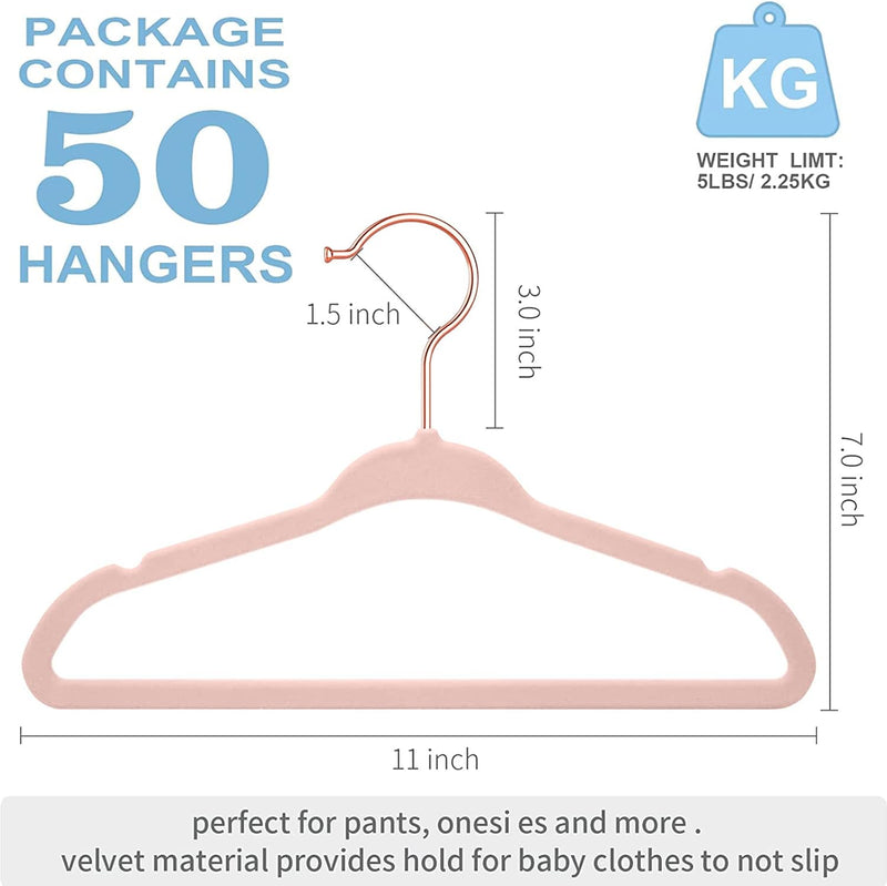 Red Dot Gift® 50 Pack Baby Velvet Hangers 11Inch/28cm - Nursery Clothes Hangers Non Slip Toddler Hangers, 360 Chrome Swivel Hook (White, 50)