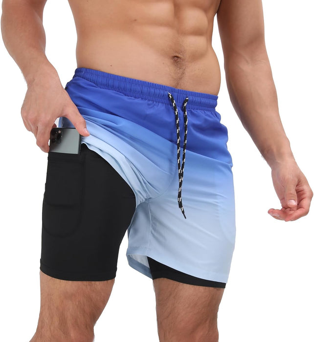 Mens Swim Trunks with Compression Liner 2 in 1 Quick Dry Beach Swimming Trunks Swim Shorts with Zipper Pockets
