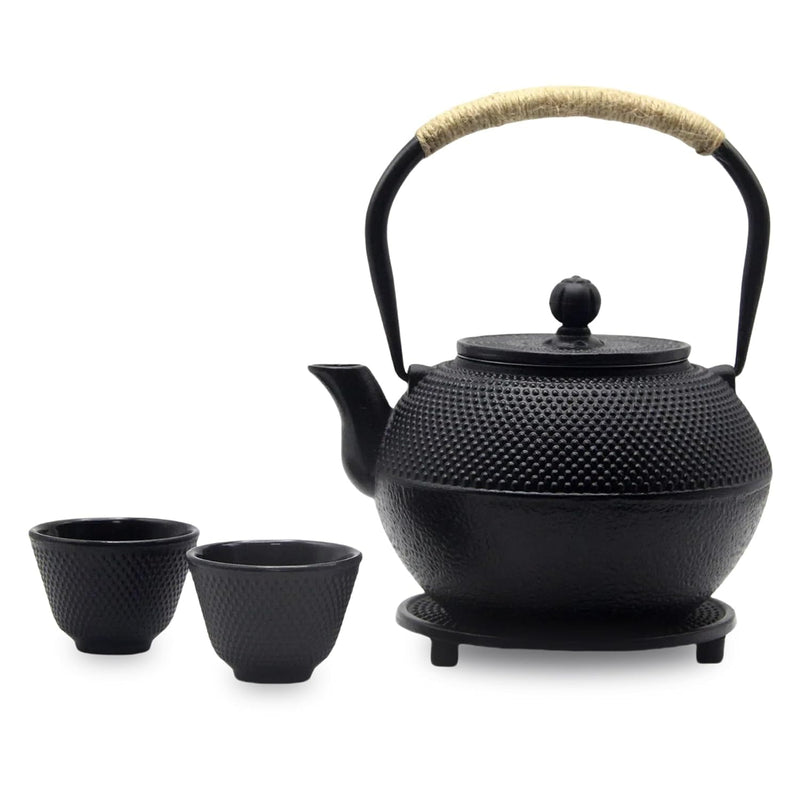 THE WHITE SHOP Cast Iron Teapot, Japanese Tetsubin Kettle Set with 2 Cups, Tea Infuser (1200 ml, Black)