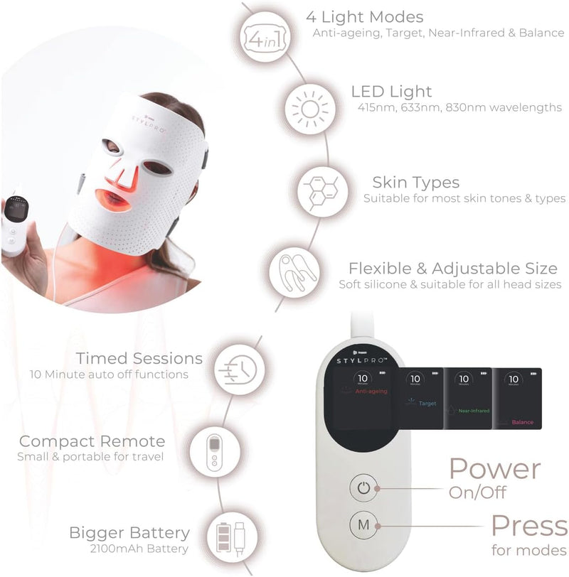 stylPro Wavelength LED Face Mask - Multi-Mode Skincare with Red, Blue, Near-Infrared Light for Wrinkles, Blemishes - Flexible, Rechargeable, User-Friendly, Designed in UK, Professional-Grade