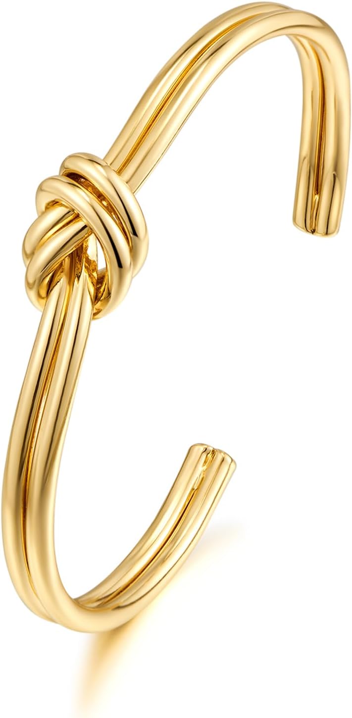 Dainty Gold Cuff Bracelets for Women Delicate Thin Wire Open Bangle Bracelets Stackable Minimalist Wrist Cuff Bracelets Flexible Adjustable Size - Love Knot Cuff