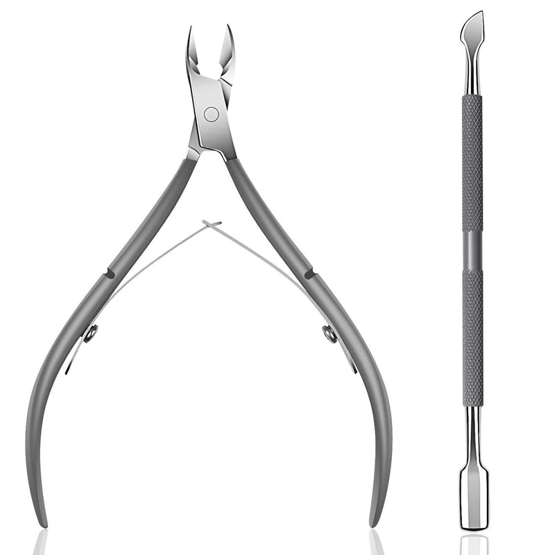Ejiubas Cuticle Trimmer With Pusher - Professional Stainless Steel Remover, Nipper, Cutter, Clipper - Durable Pedicure Manicure Tools for Fingernails and Toenails - Gray