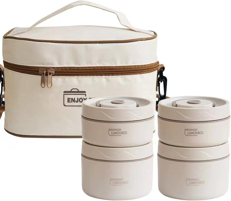 TDOO Microwavable Thermal Lunch Box, Portable Insulated Lunch Containers With Bag, Leakproof Stackable Stainless Steel Food Container For Adults, Kids, Set of 3 Tier Insulated Bento Boxes (beige-c-ae) - beige-c-ae