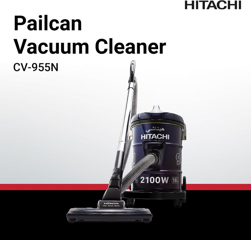 HITACHI Drum Vacuum Cleaner 2100 Watts, 18L Tank Dust Capacity, Aero Power Brush to Clean Efficiently, Metal Pipe, Dusting Brush & Crevice Nozzle, Washable Filter, Best for Home & Office, CV955NBLGCM - Aero Power Brush with Metal Pipe