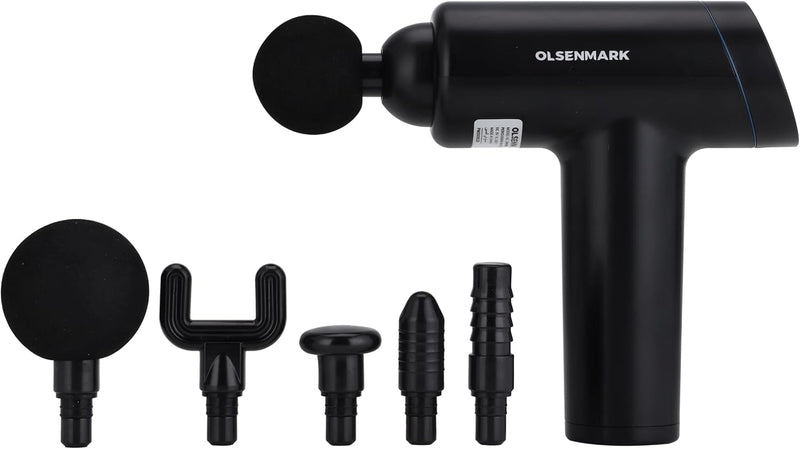 Olsenmark 6-in-1 Percussion Massage Gun Cordless & Rechargeable Deep Tissue Massager with 6 Detachable Heads, 6 Speed Levels, Ergonomic Grip for Full-Body Pain Relief, Stress Reduction, Black