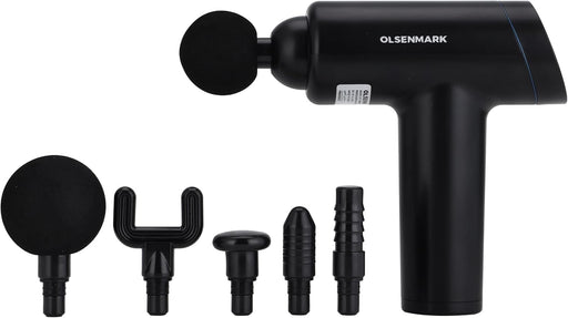 Olsenmark 6-in-1 Percussion Massage Gun Cordless & Rechargeable Deep Tissue Massager with 6 Detachable Heads, 6 Speed Levels, Ergonomic Grip for Full-Body Pain Relief, Stress Reduction, Black