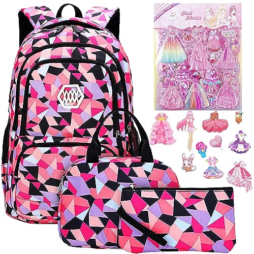 Yoawllty School Bag for Girls, Kids Backpack for School Bookbag for Elementary 3 in 1 School Bag Sets with Lunch Tote Pencil Bag and Cartoon Sticker(Pink)