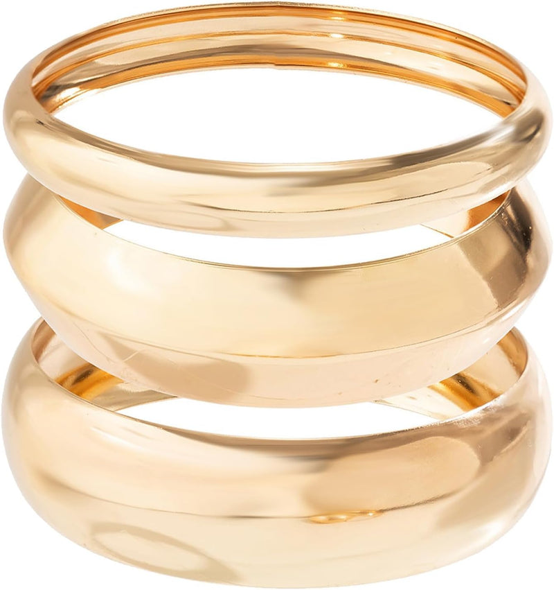 3 Pcs Set Chunky Gold Bangles for Women - Wide Stackable Statement Bracelets, Fashionable Gold Tone Cuff Bangles, Trendy Wrist Jewelry for Everyday & Gifts