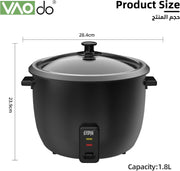 VAODO 1.8L Rice Cooker Steamer, with Removable Nonstick Pot and Water Level Indicator, Mini Rice Cooker with Glass Lid, Auto Keep Warm, for Soups, Stews, Grains & Oatmeal, Cooking Turner