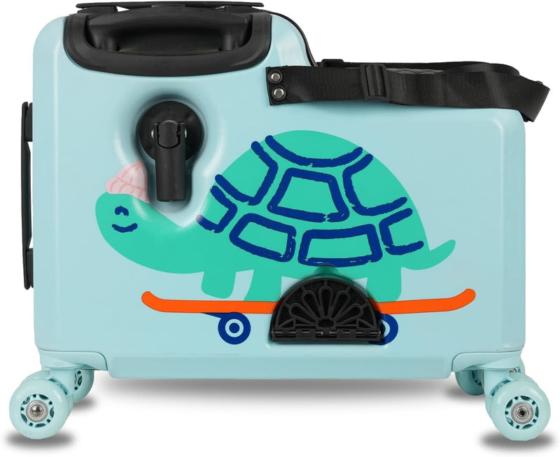 Kids Ride-On Carry-On Suitcase, ABS Lightweight Travel Trolley Luggage for Children with 360 Spinner Wheels, Cabin-Friendly Scooter Travel Bag (Pink Whisker Cat Design) - Blue Shellie – Turtle Design