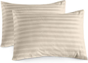 100% Cotton Luxury Hotel Quality Sateen Duvet Cover Set, 2cm Satin Stripe, Hidden Button Closure, Ultra-Soft Sateen Weave, Breathable & Hypoallergenic (White, Queen 240x220cm) - Mocha/Sand H.W Pillow Cover (Pair)