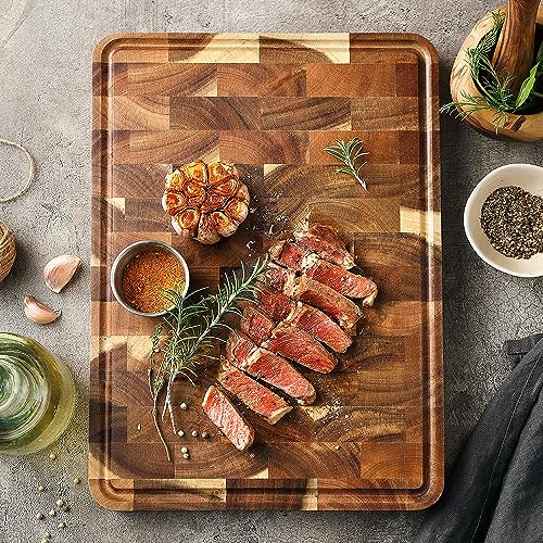 XINZUO End Grain Cutting Board, Acacia Wood, Easier grip for carrying and serving, Beautiful and not easy to crack, Moisture-proof and bacteria-free, Size 35 * 25 * 2.6cm (XHCB-XSM-02)