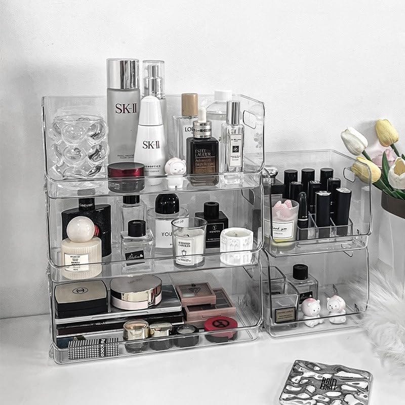 2-Pack Stackable Makeup Organizer, Acrylic Clear Cosmetic Display Case for Vanity, Bathroom Vanity Organizers, Multi-use Cosmetic Storage Display Box for Cosmetics, Skin Care, Hair Accessories
